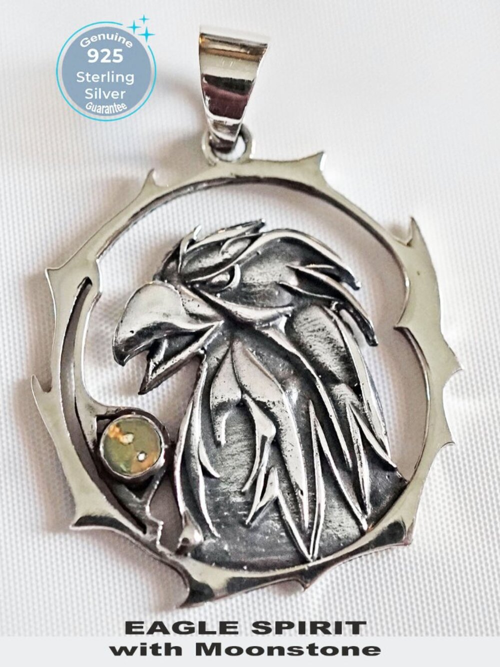 Sterling Silver 925 𝑬𝒂𝒈𝒍𝒆 𝒔𝒑𝒊𝒓𝒊𝒕 & 𝑴𝒐𝒐𝒏𝒔𝒕𝒐𝒏𝒆 Amulet Pendant